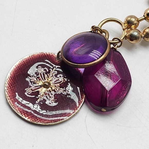 Gold Tone Beaded Chain Necklace With Purple Glass Enamel Pendant Charms - Picture 3 of 5